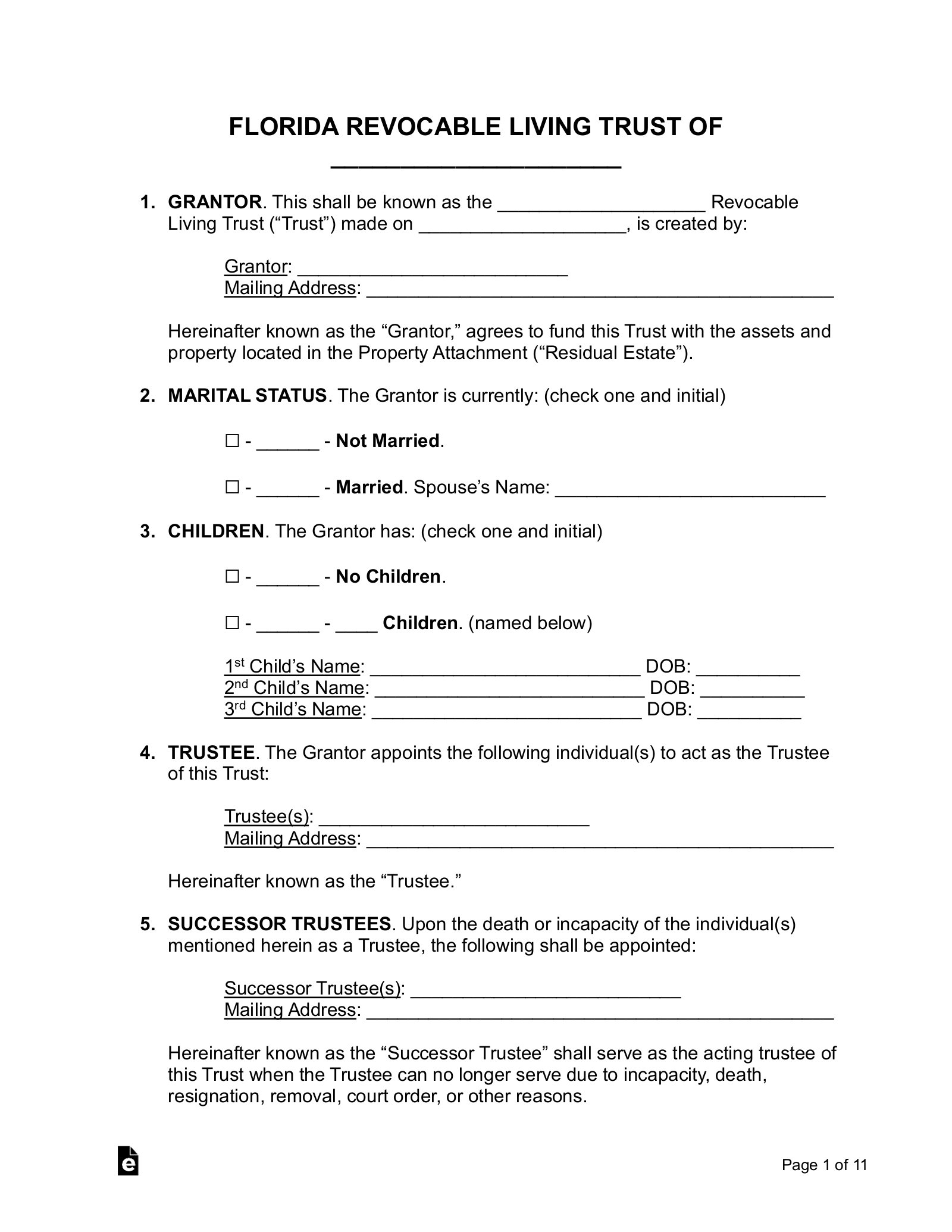 Free Florida Living Trust Form Revocable PDF Word EForms