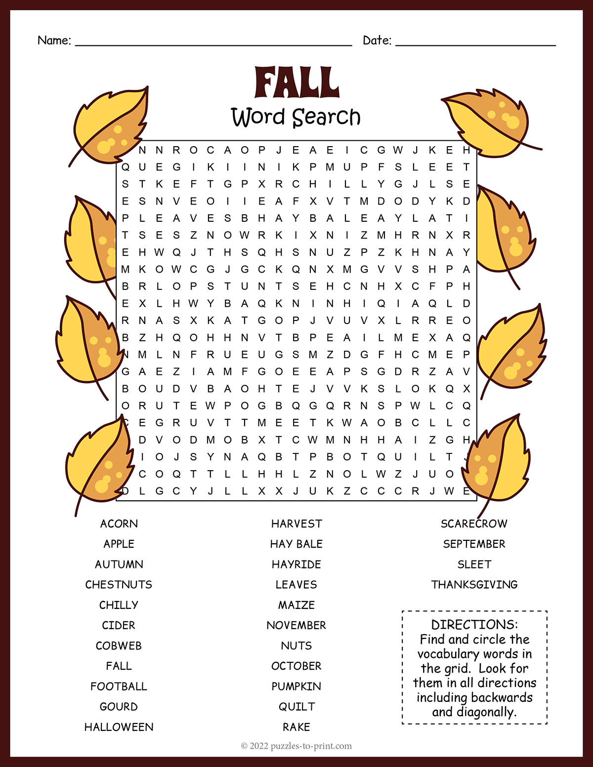 printable fall word search puzzles