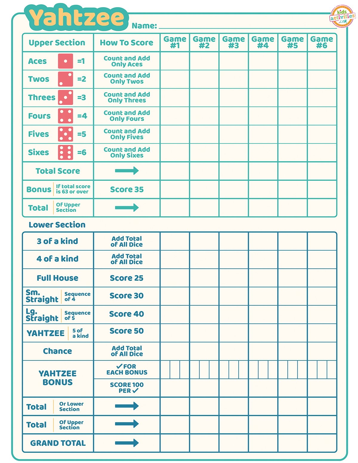 free printable yahtzee score card