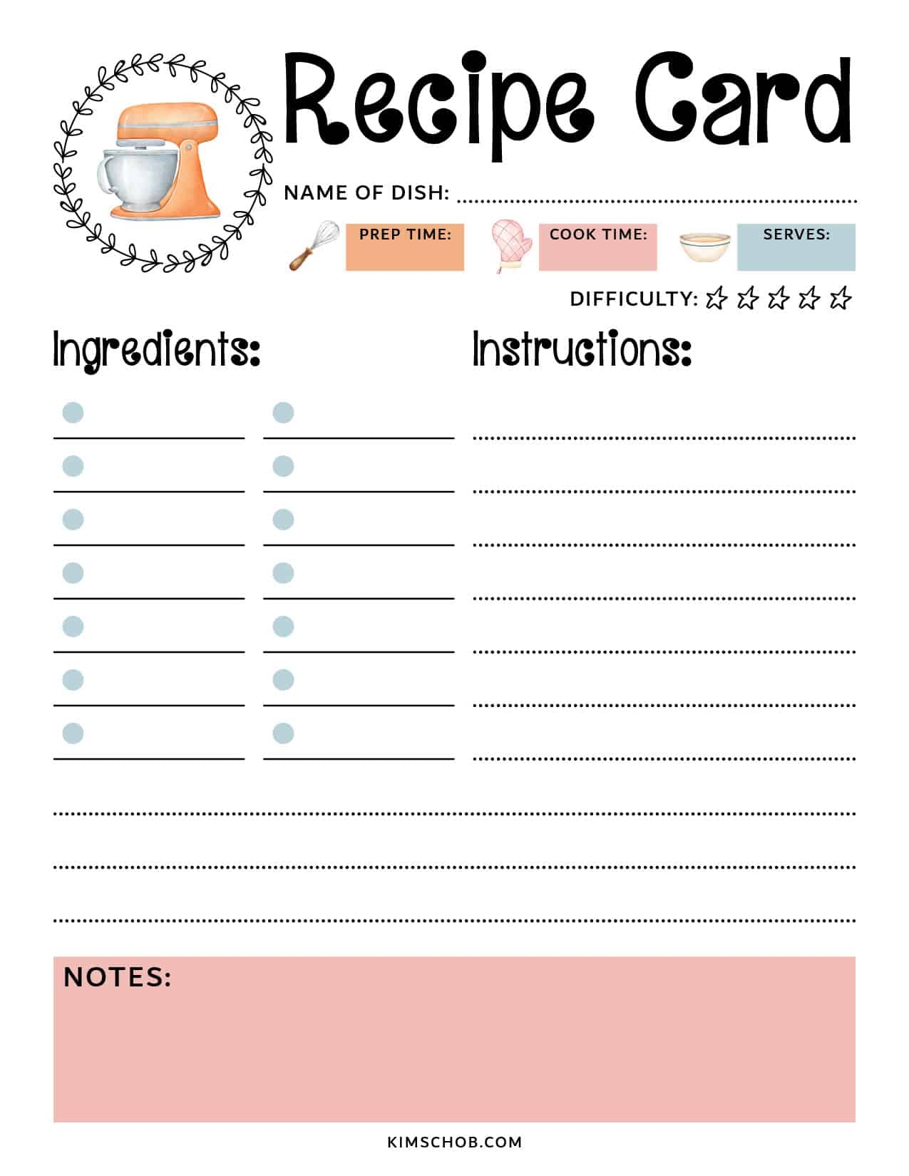 recipe template free printable