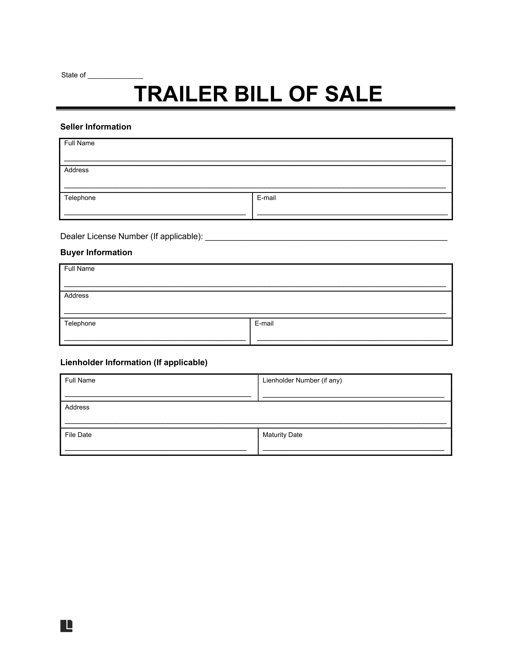 Free Trailer Bill Of Sale Form PDF Word