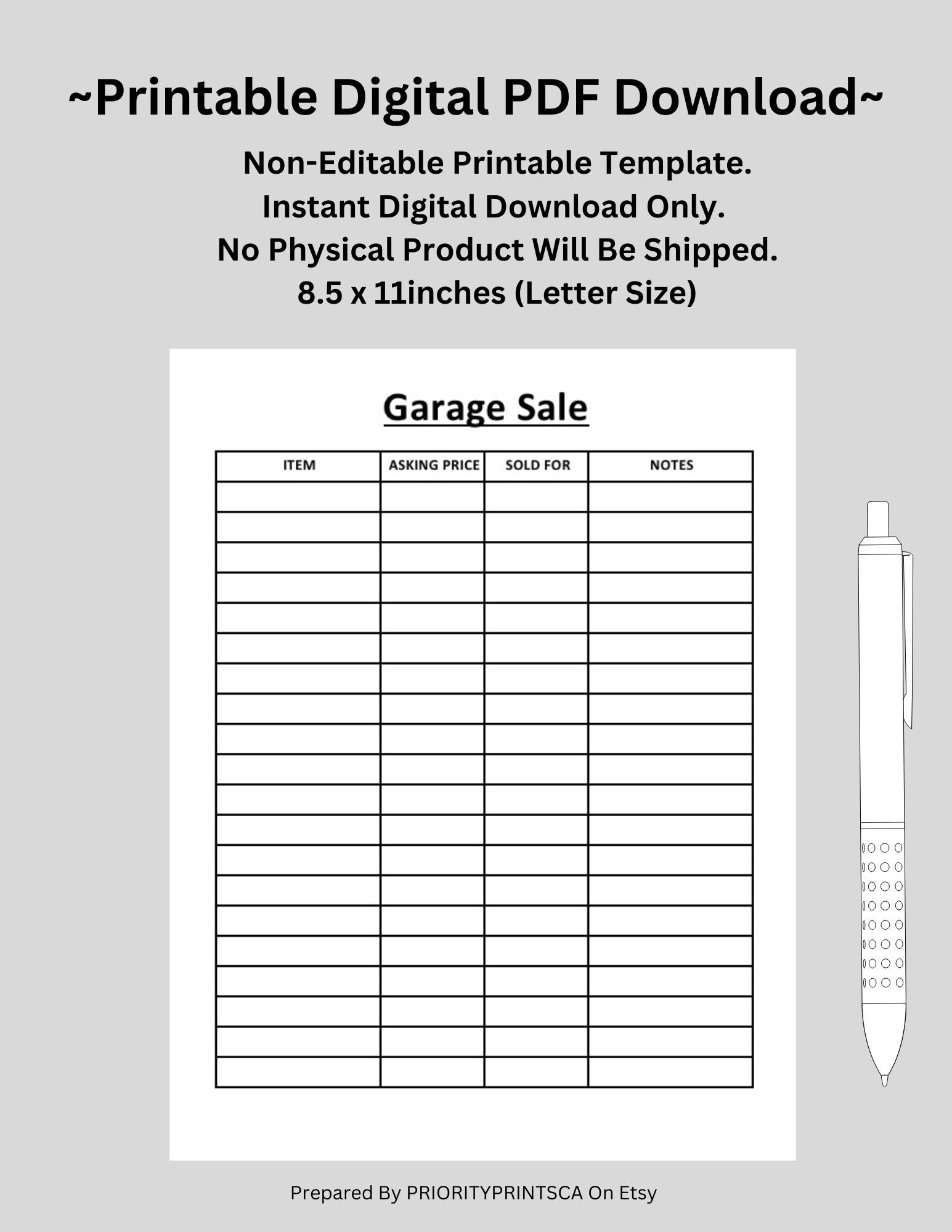 Garage Sale Sheet Money Tracker Side Hustle Template Printable US Letter Size Digital Download Etsy