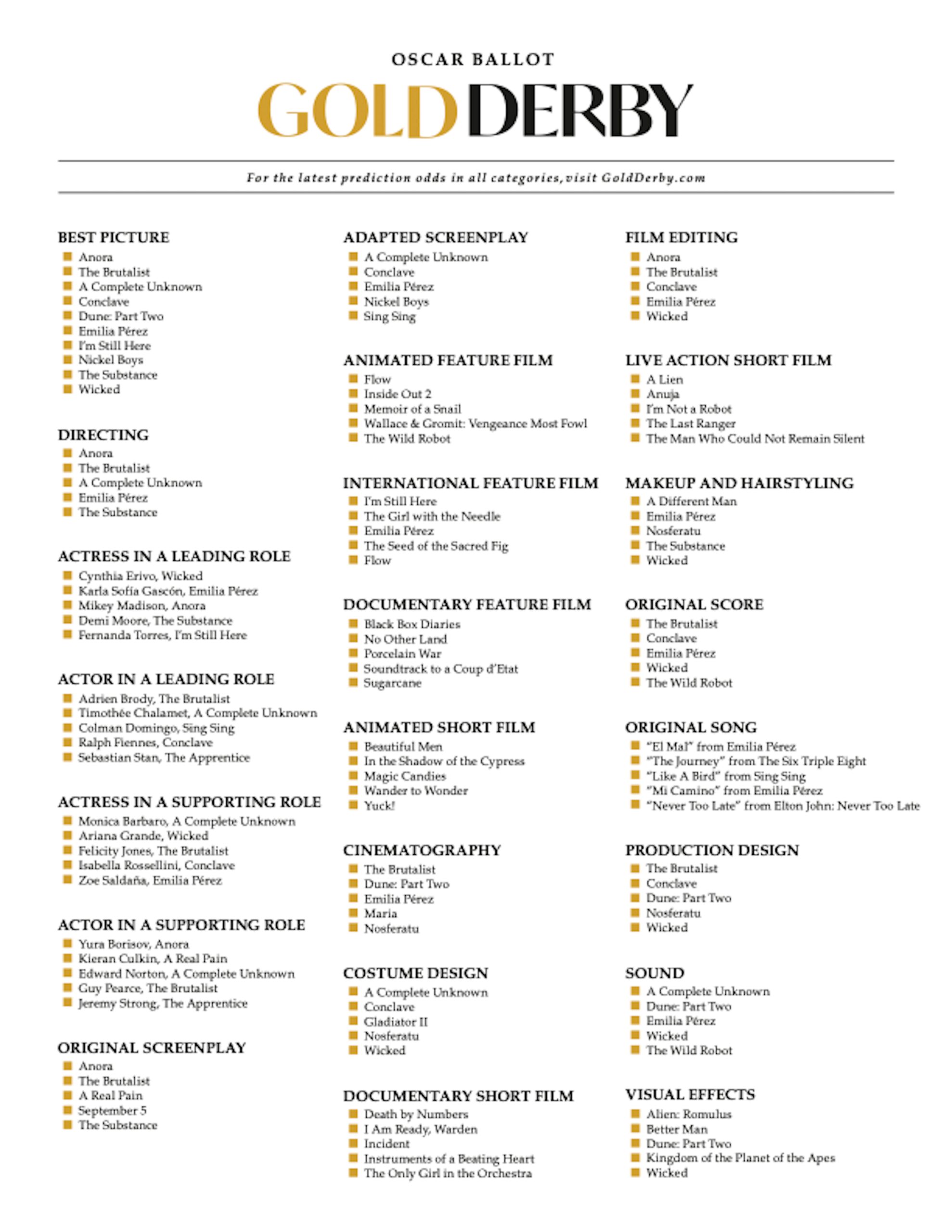 Gold Derby s Printable 2025 Oscars Ballot