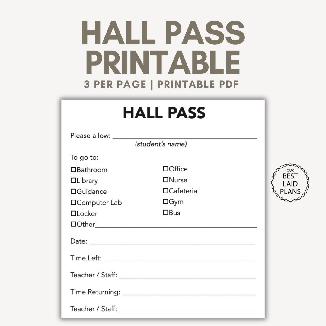 Hall Pass Template Hall Pass Printable PDF Bathroom Passes Template Classroom Hall Pass Template Printable PDF Hall Passes Etsy