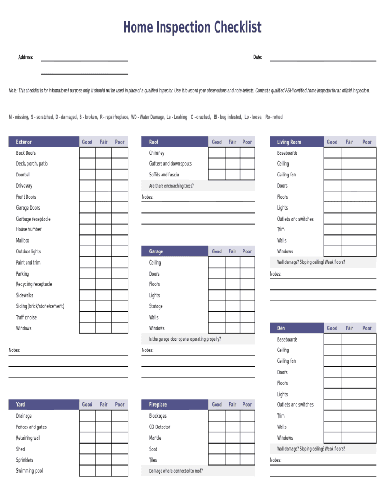 Home Inspection Checklist Form Fill Online Printable Fillable Blank PdfFiller