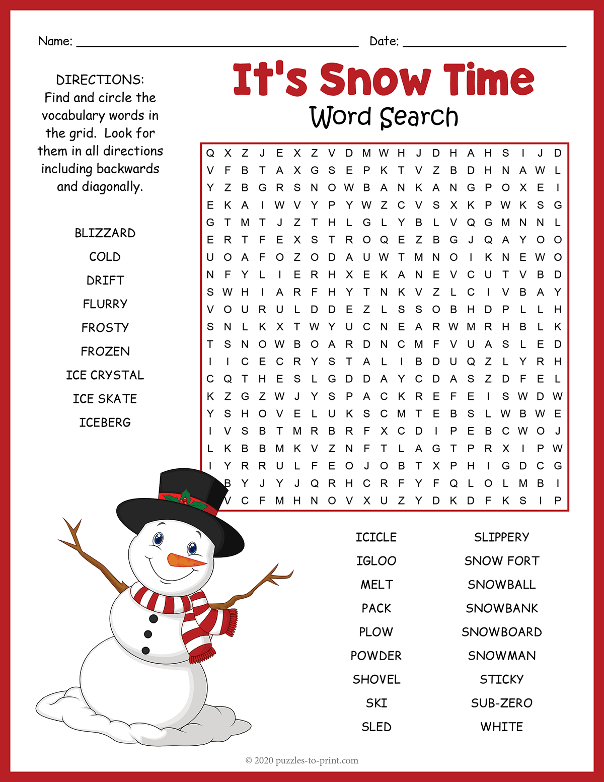 winter word search puzzles