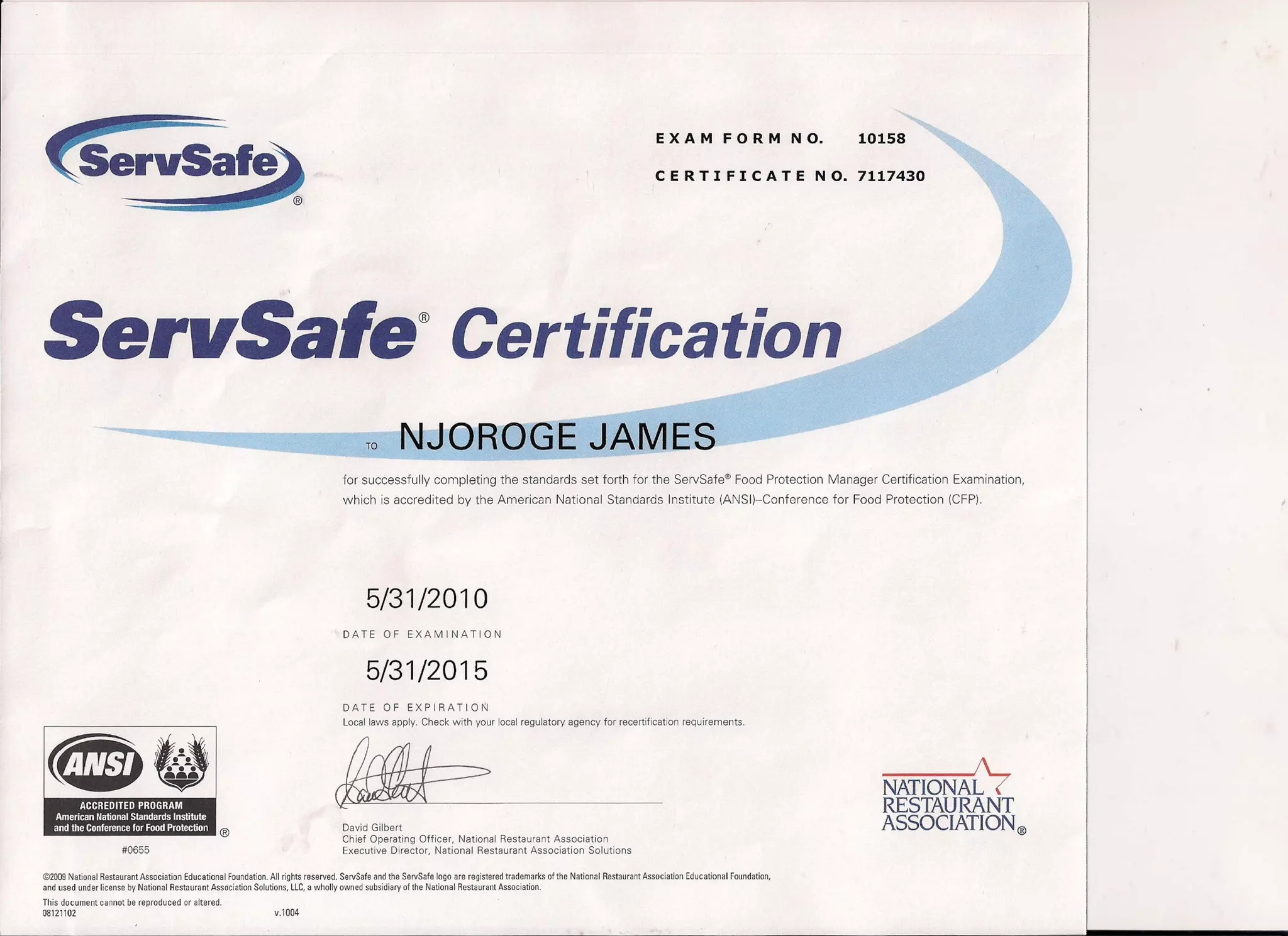 JAMES NJOROGE SERVSAFE CERT PDF