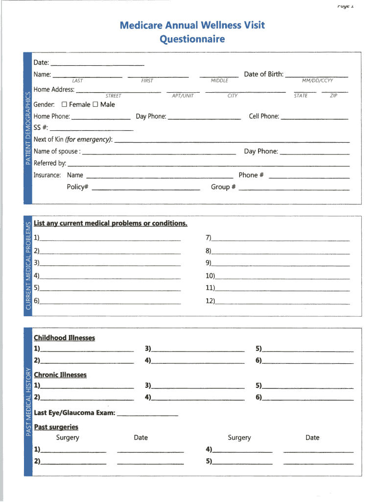 Medicare Wellness Exam Questions Fill Online Printable Fillable Blank PdfFiller