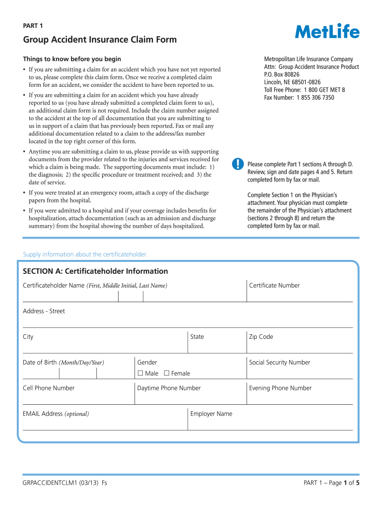 MetLife GRPACCIDENTCLM1 Form Fill Online Printable Fillable Blank PdfFiller