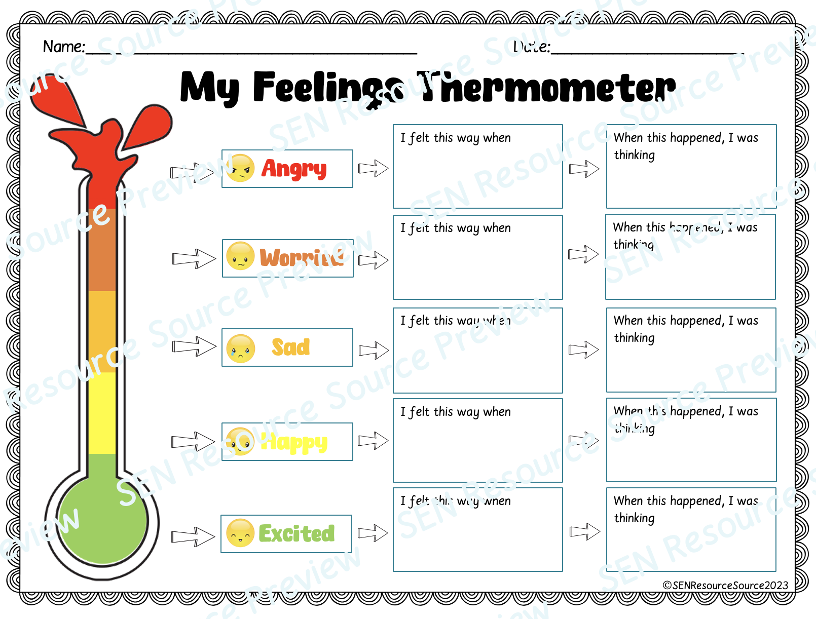 My Feelings Thermometer Worksheet Teaching Resources