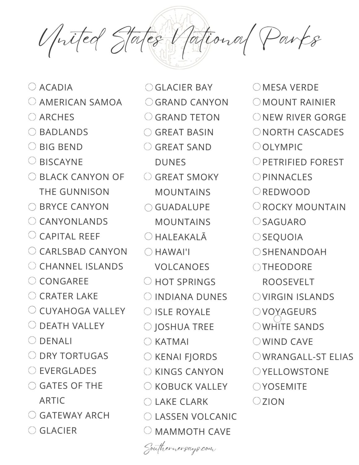 National Parks List The Ultimate U S Parks Guide Free Printable Checklist Southerner Says