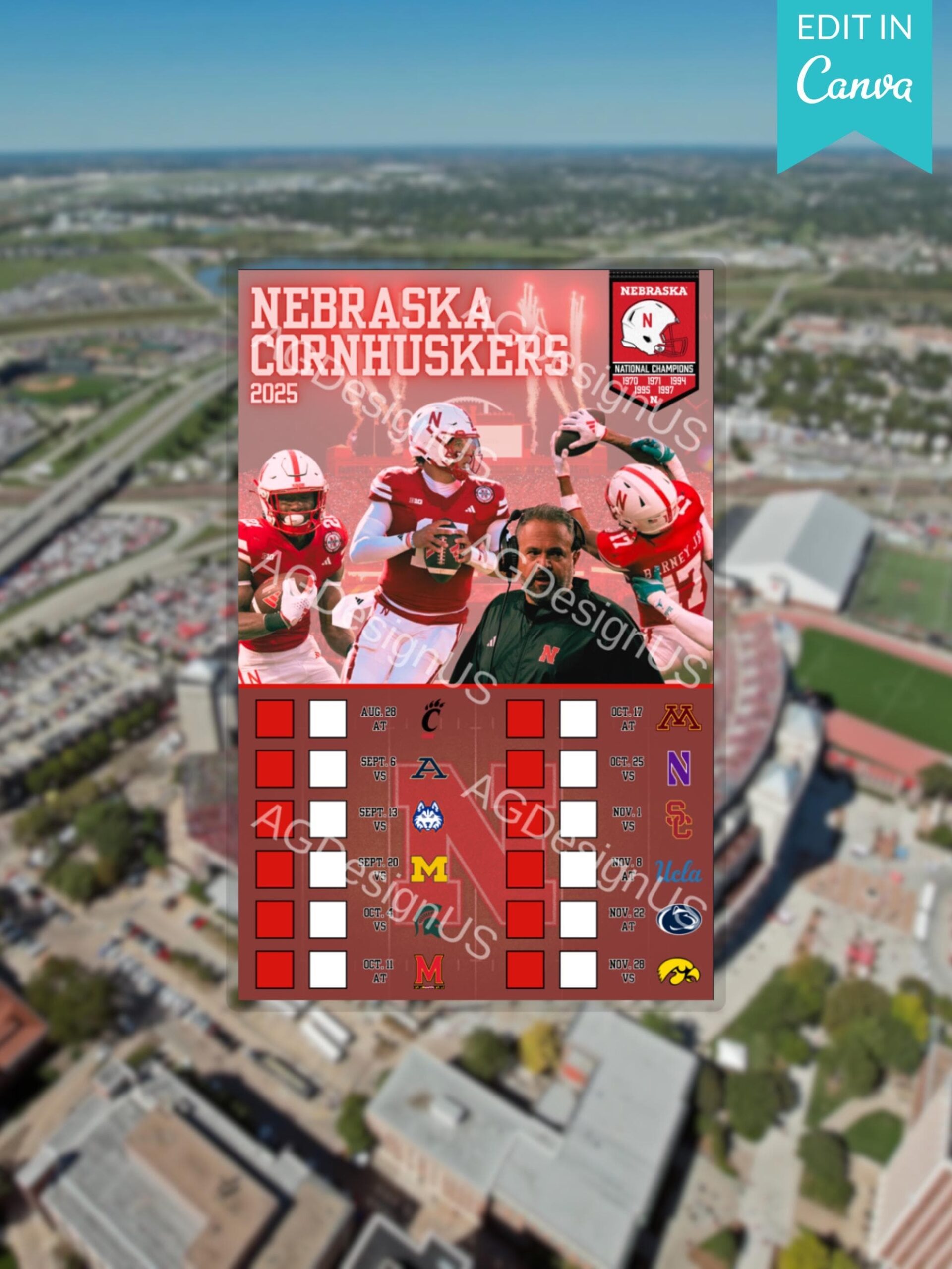 Nebraska Cornhuskers Football 2025 Schedule 11x17 Printable Canva Editable Digital Download Etsy