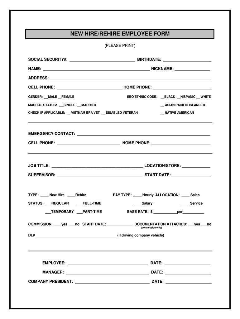 New HireRehire Employee Form Fill Online Printable Fillable Blank PdfFiller