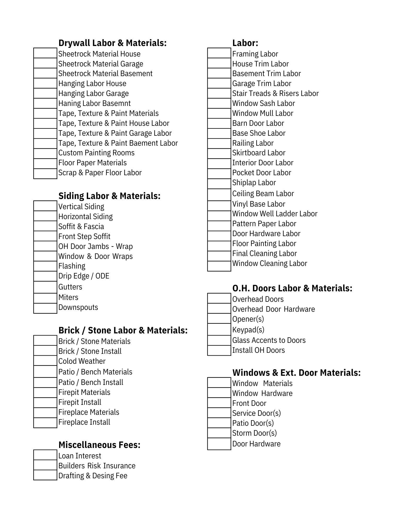 New Home Construction Estimating Checklist printable PDF Etsy