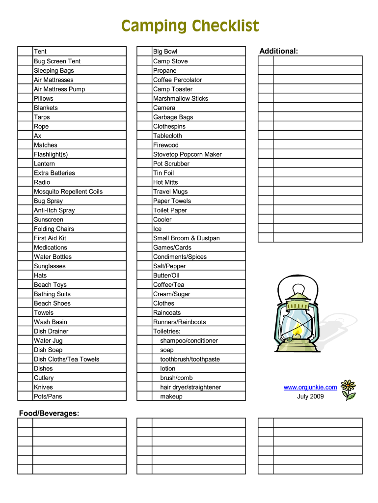 Orgjunkie Camping Checklist Form Fill Online Printable Fillable Blank PdfFiller