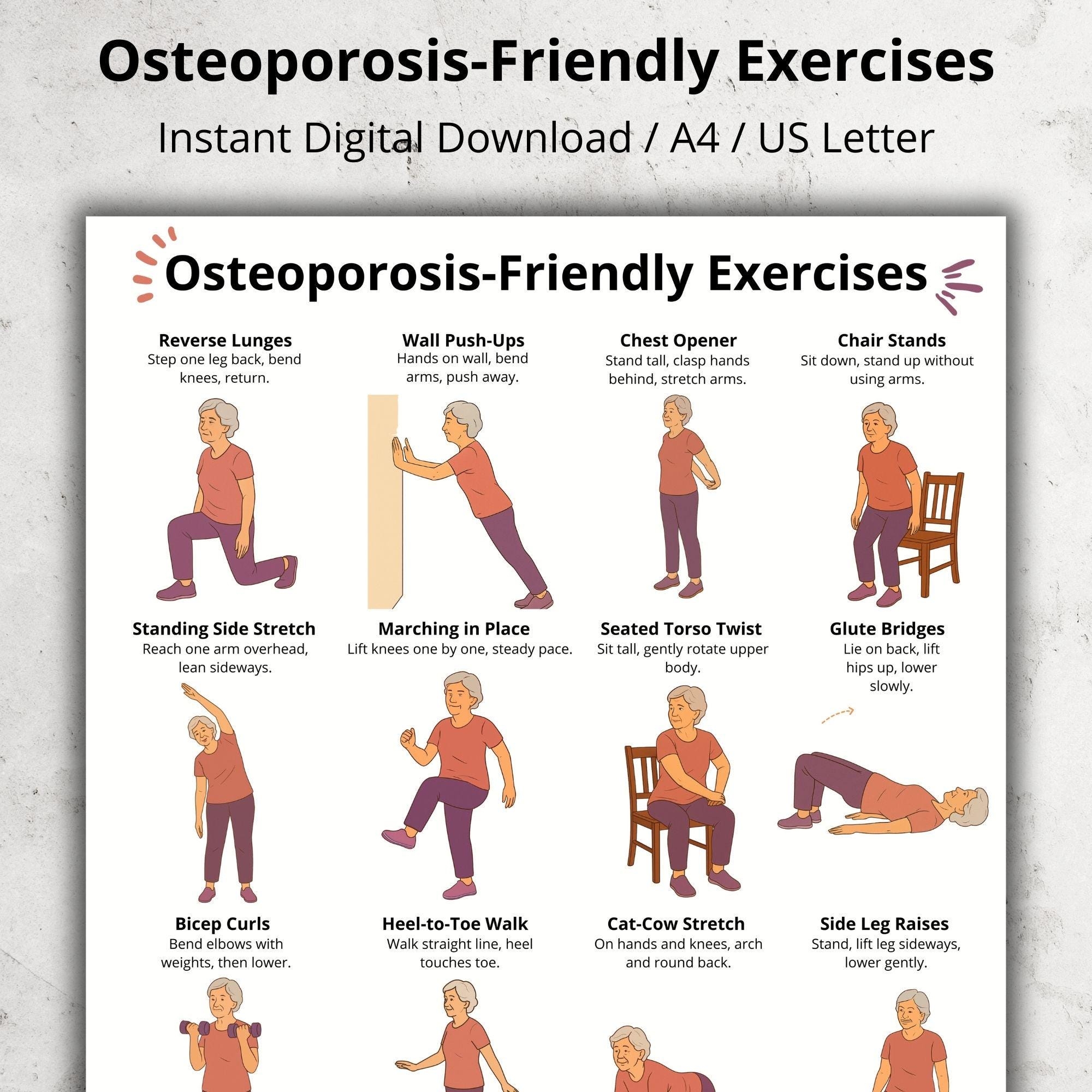 Osteoporosis Exercises Chart Gentle Low Impact Daily Routine Printable Chart Seated And Standing Exercises For Seniors And Older Adults Etsy New Zealand