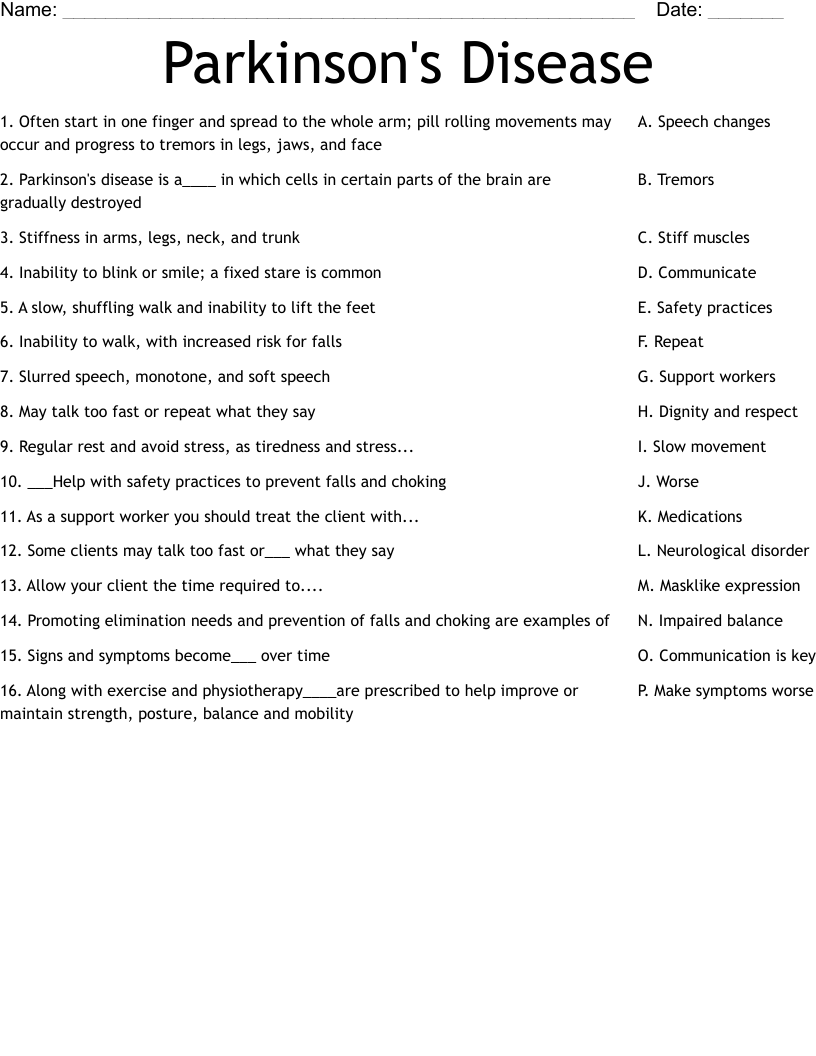 Parkinson s Disease Worksheet WordMint