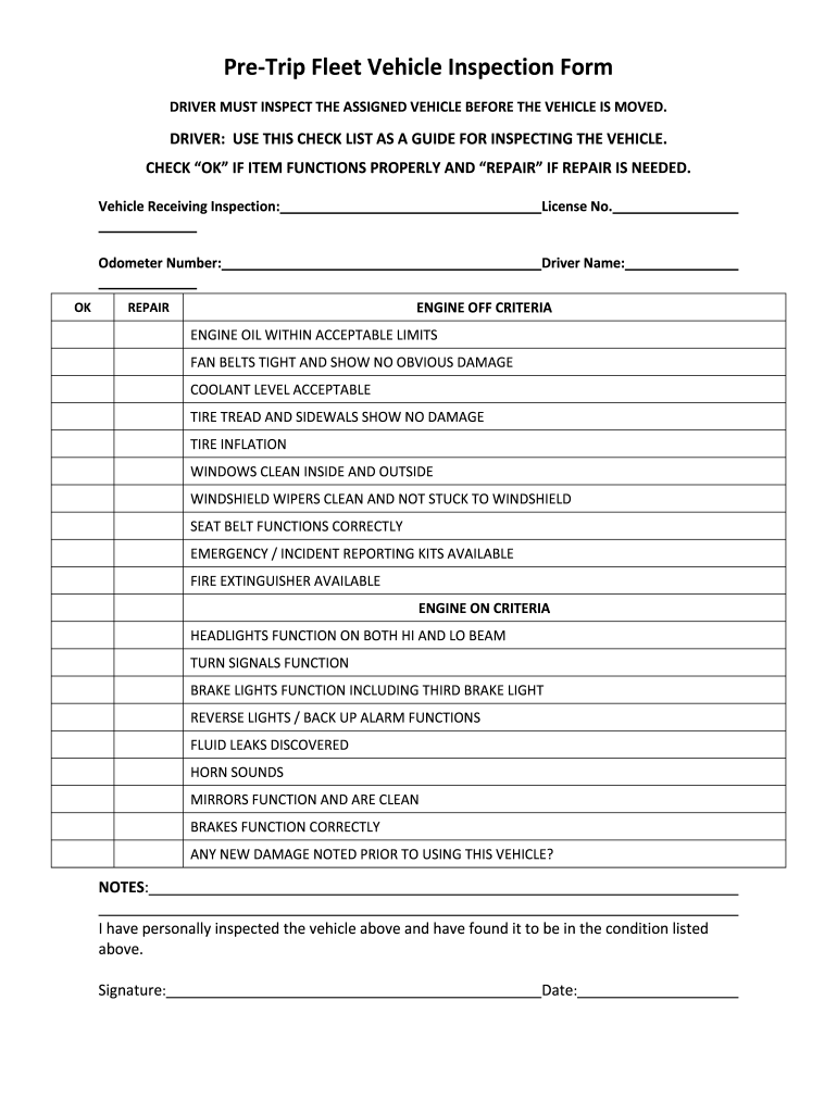 Pre Trip Fleet Vehicle Inspection Form Fill Online Printable Fillable Blank PdfFiller