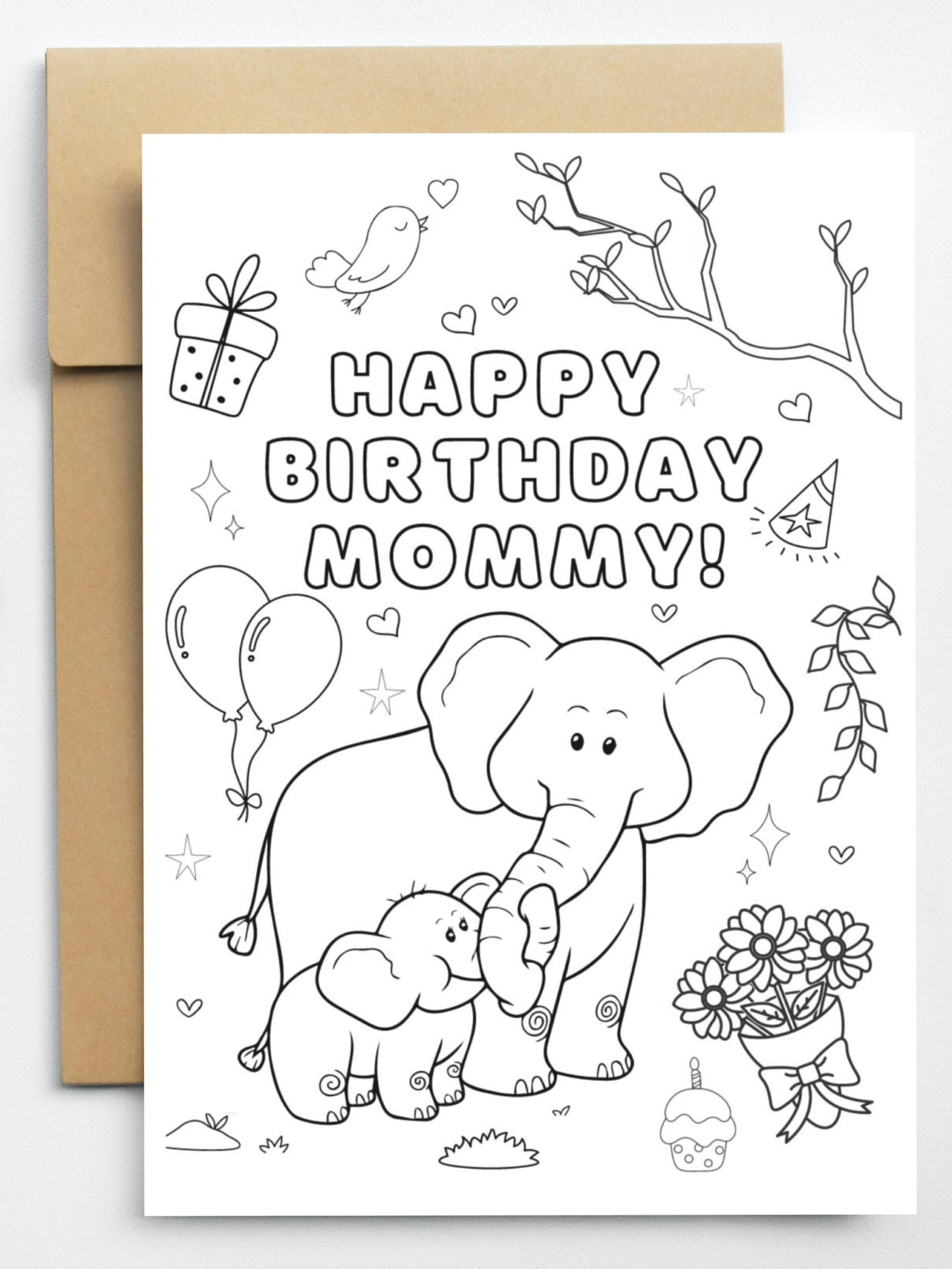 Print At Home Coloring Card Mom Birthday Cute Elephant Etsy