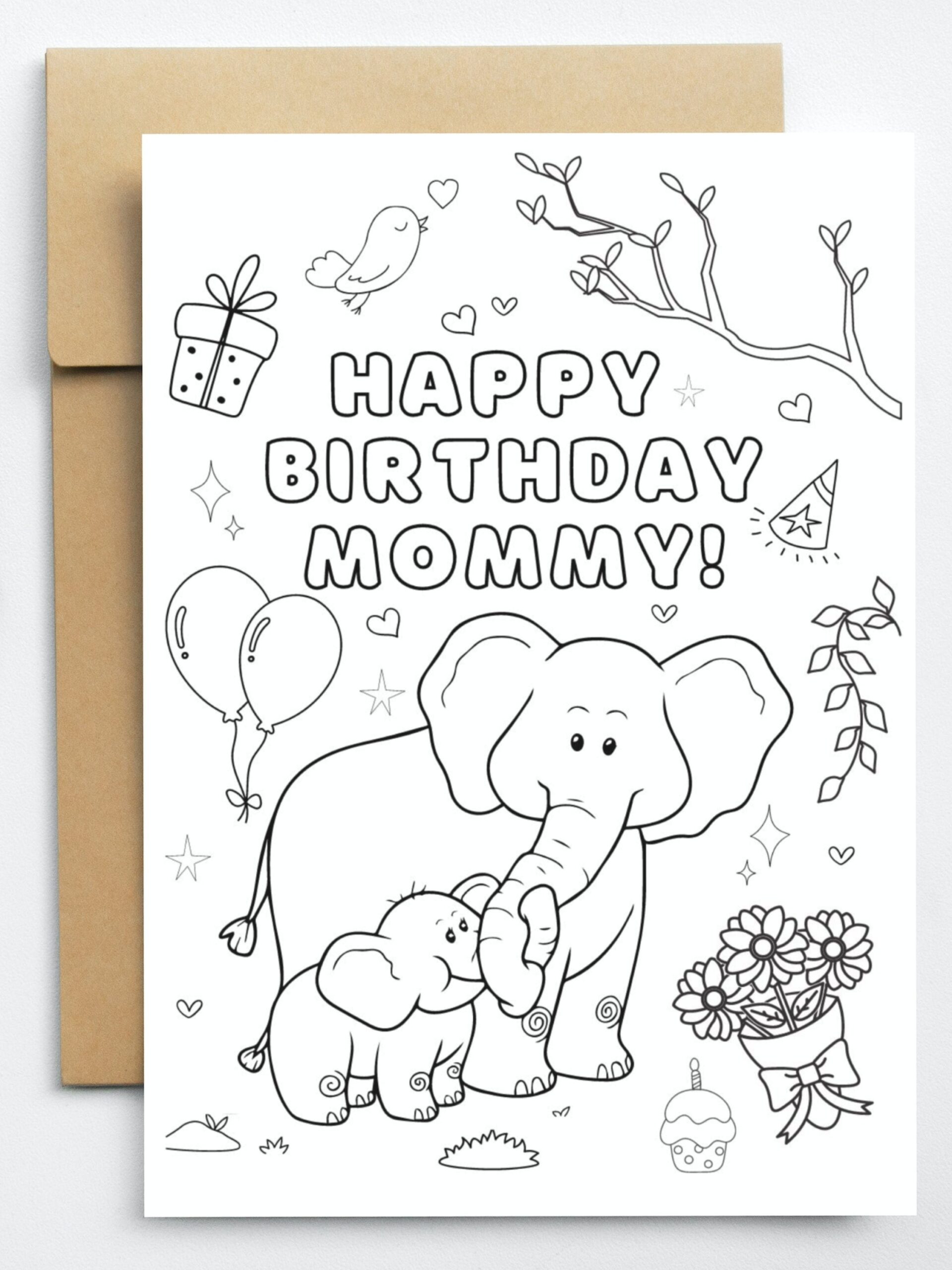 Print At Home Coloring Card Mom Birthday Cute Elephant Etsy