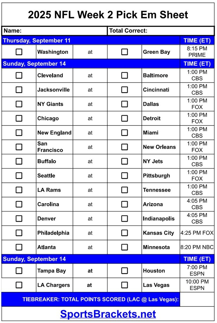 Printable 2025 NFL Week 2 Pick Em Sheet