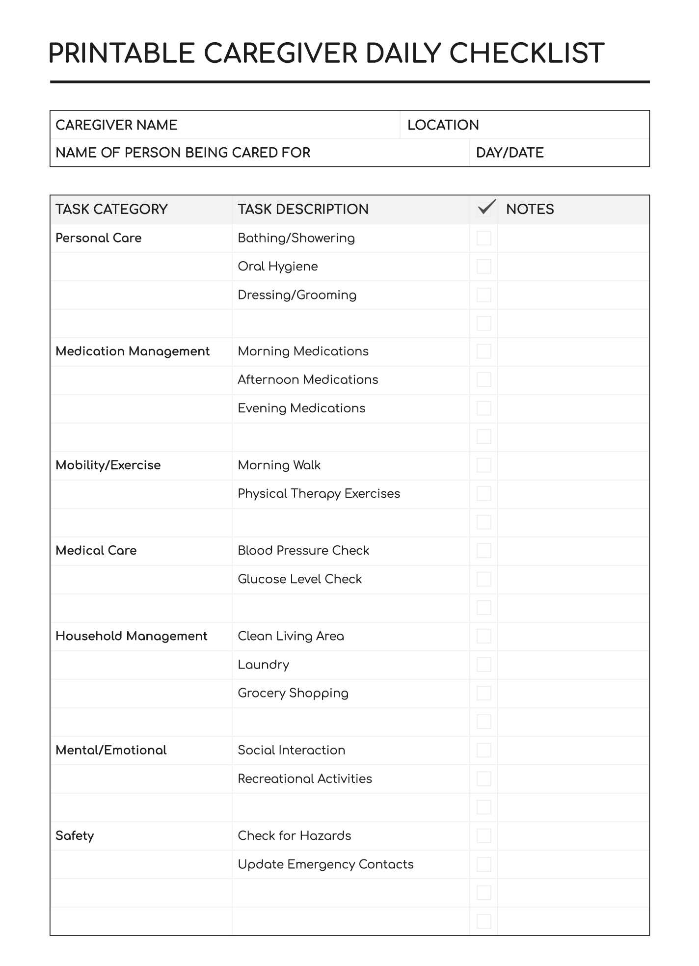 Printable Caregiver Daily Checklist Free Google Docs Template Gdoc io