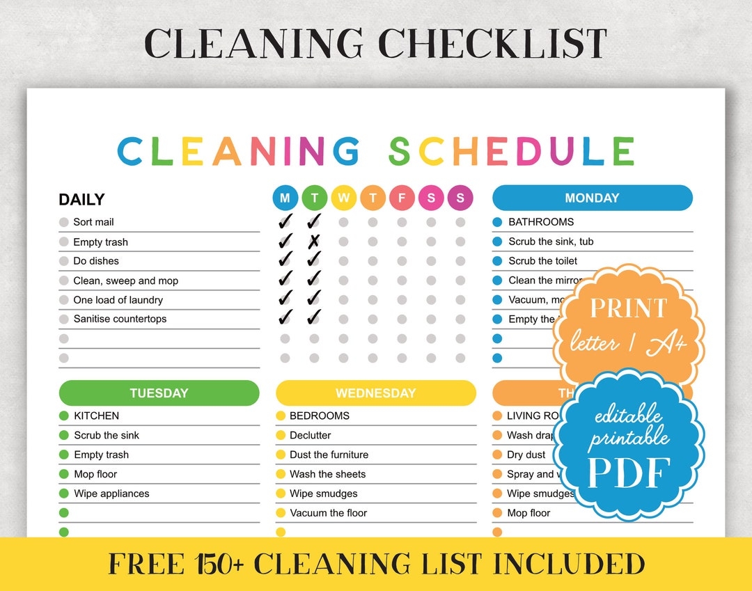Printable Cleaning Schedule Checklist Editable Daily Weekly Monthly Planner PDF Family Chore Chart Template Etsy