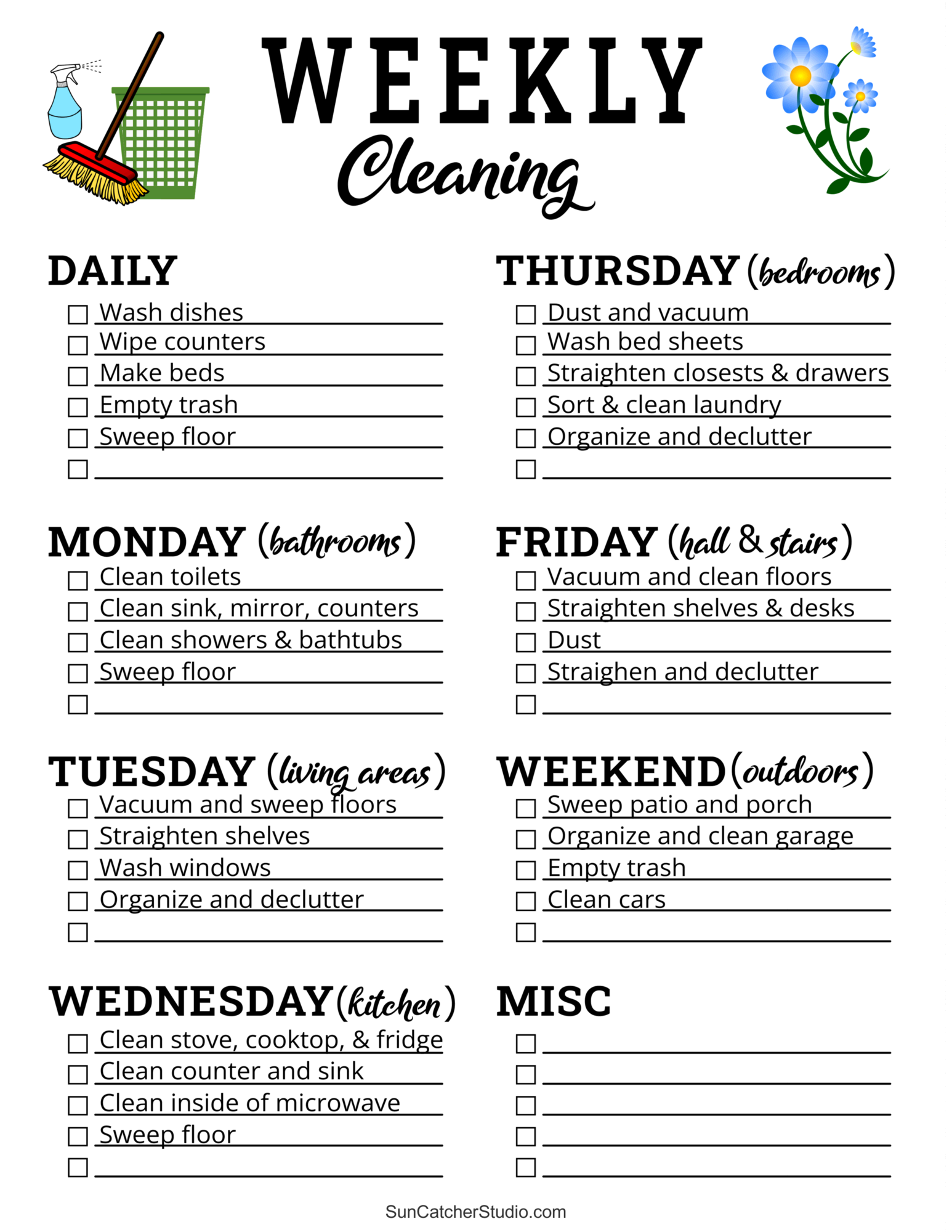Printable Cleaning Schedule Spring Daily Weekly Checklists Free Printables Lettering SVG Files Tools Apps
