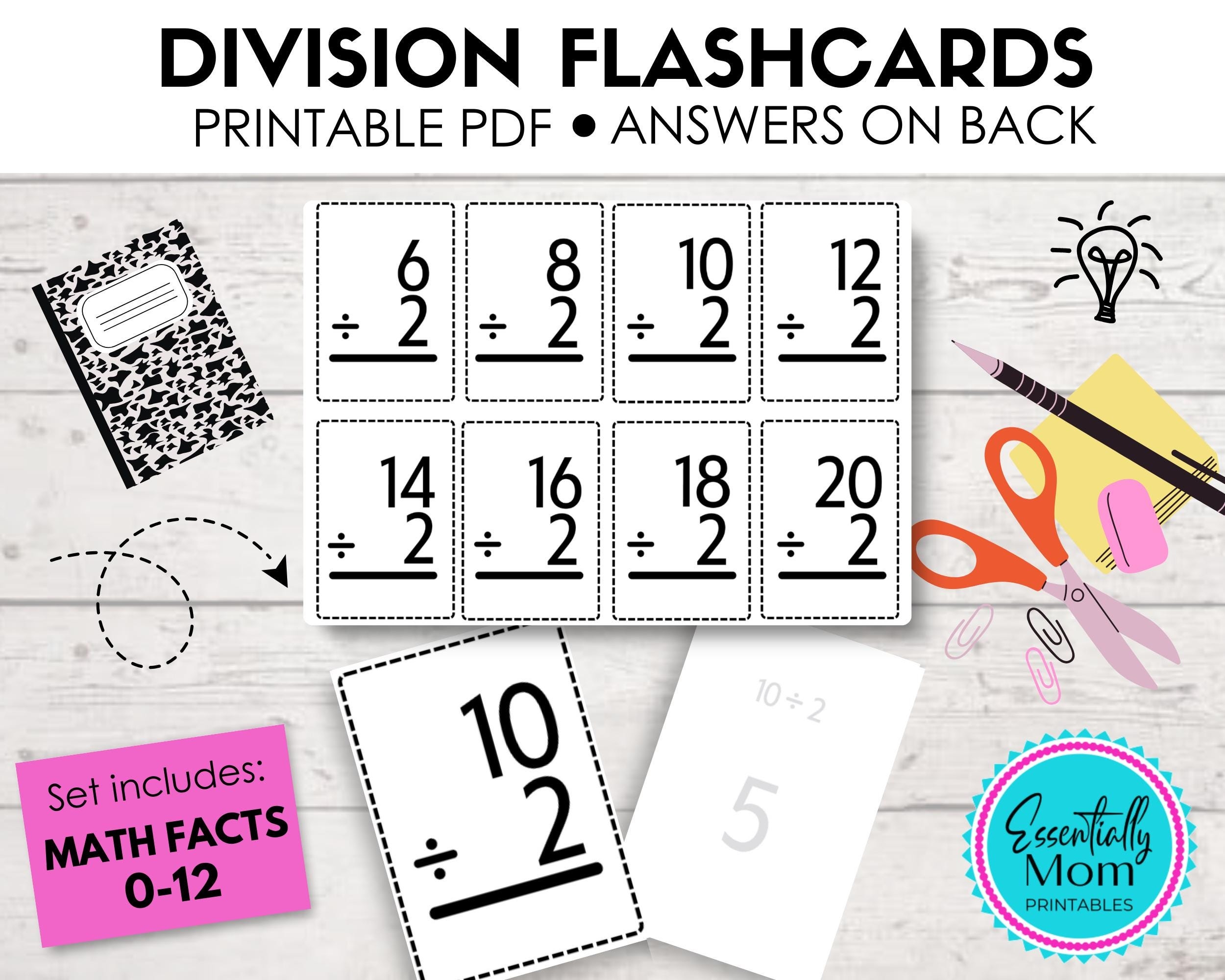 Printable Division Flashcards 0 12 Math Facts With Answers PDF Etsy