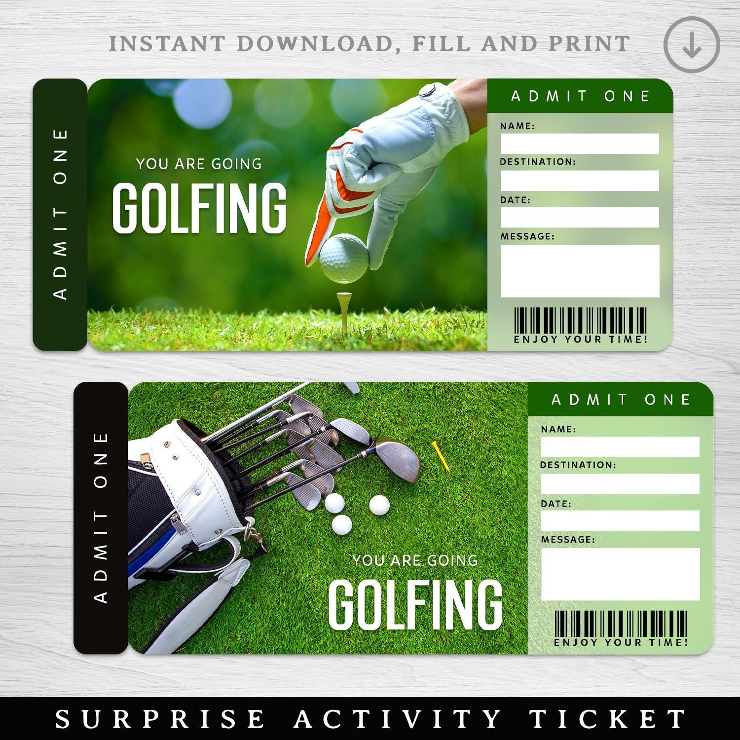 Printable Golf Trip Surprise Ticket golf Lessons Voucher experience Gift Card Etsy