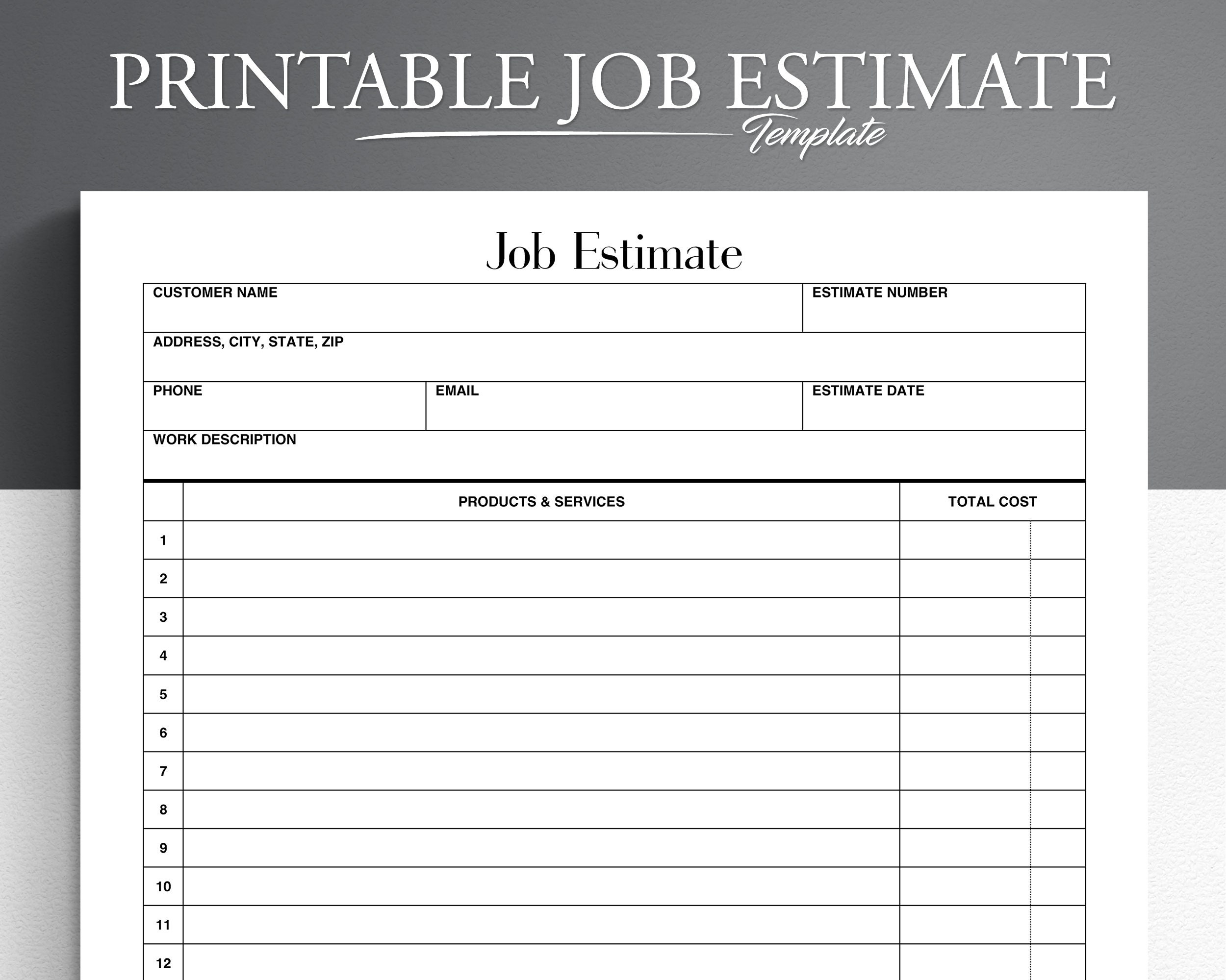 free printable estimate templates