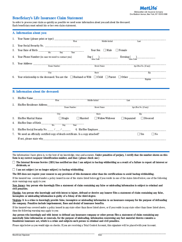 Printable Metlife Forms Pdf Fill Online Printable Fillable Blank PdfFiller