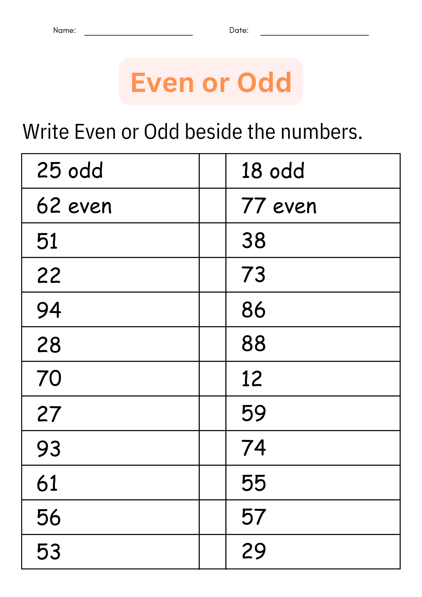 even and odd printable