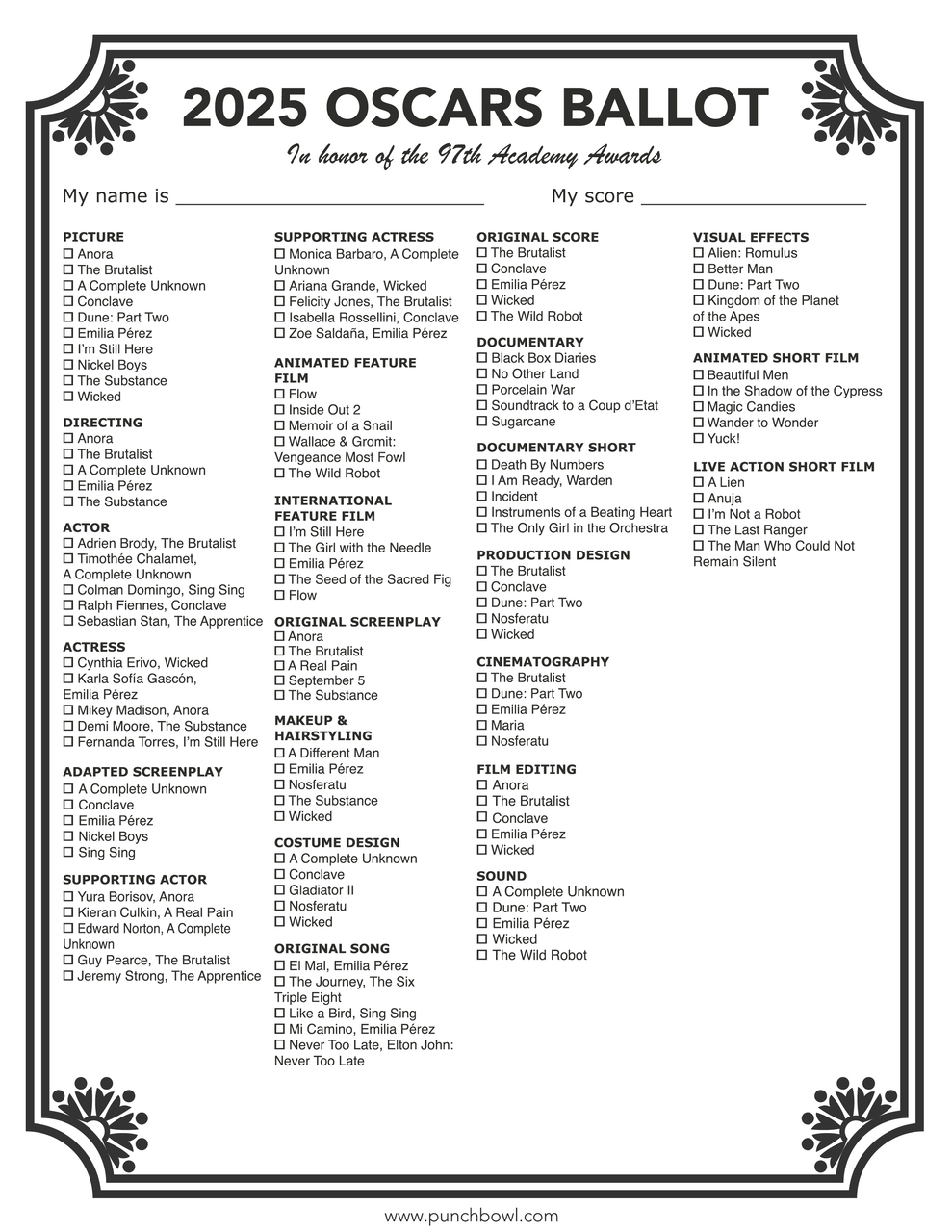 printable oscar ballot 2025 pdf