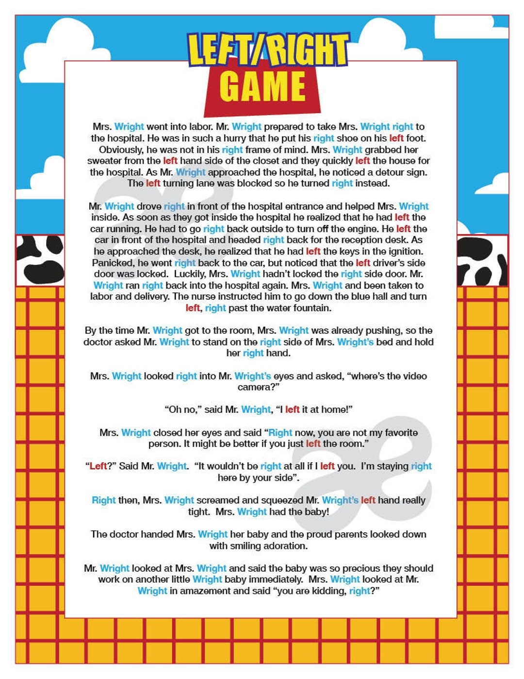 printable funny left right game stories