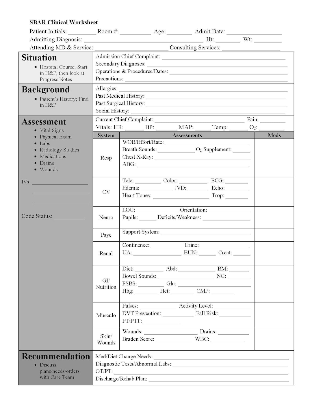 printable sbar template