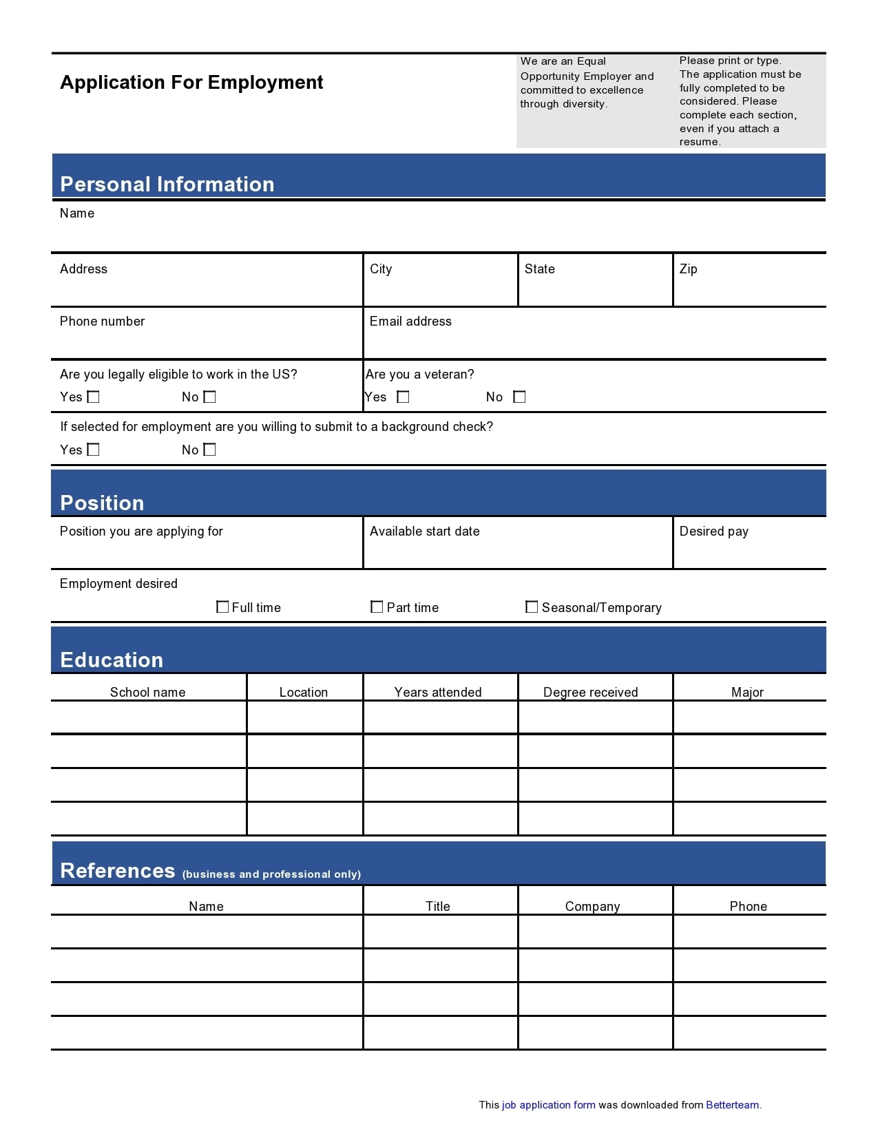 free printable employment application form pdf