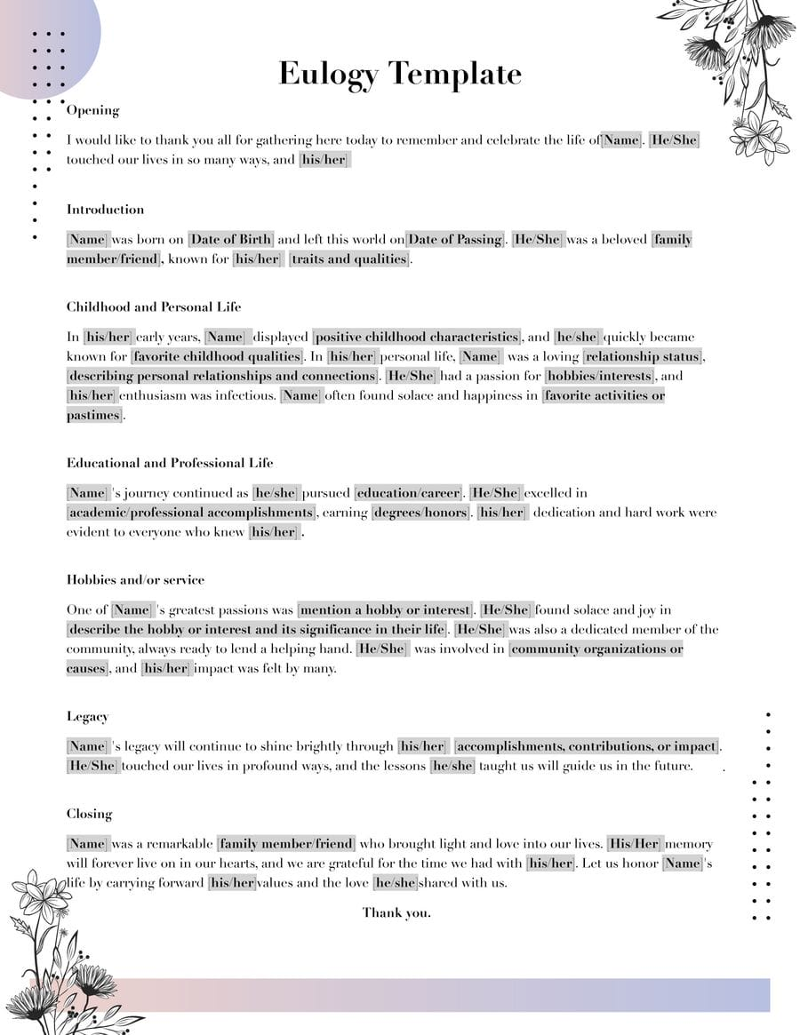 printable eulogy template for mother