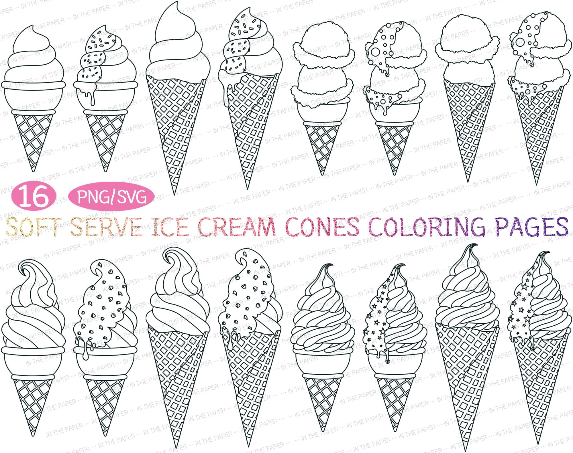 Soft Serve Ice Cream Coloring Paper Waffle Cone Outline Clipart Syrup Sprinkles Chocolate Drizzle Dessert Summer PNG SVG Line Treats Kid Etsy Denmark