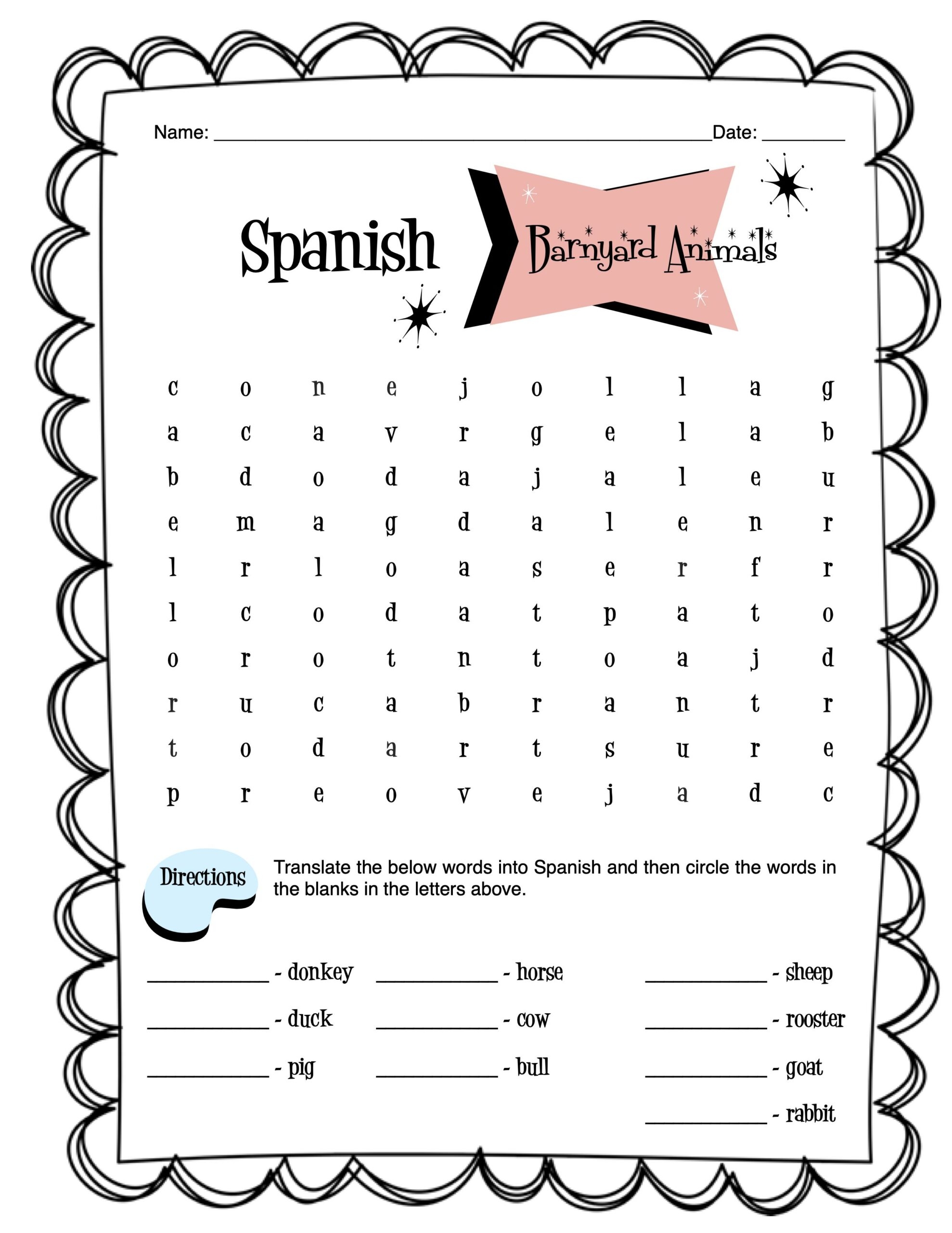 free printable word search animals spanish