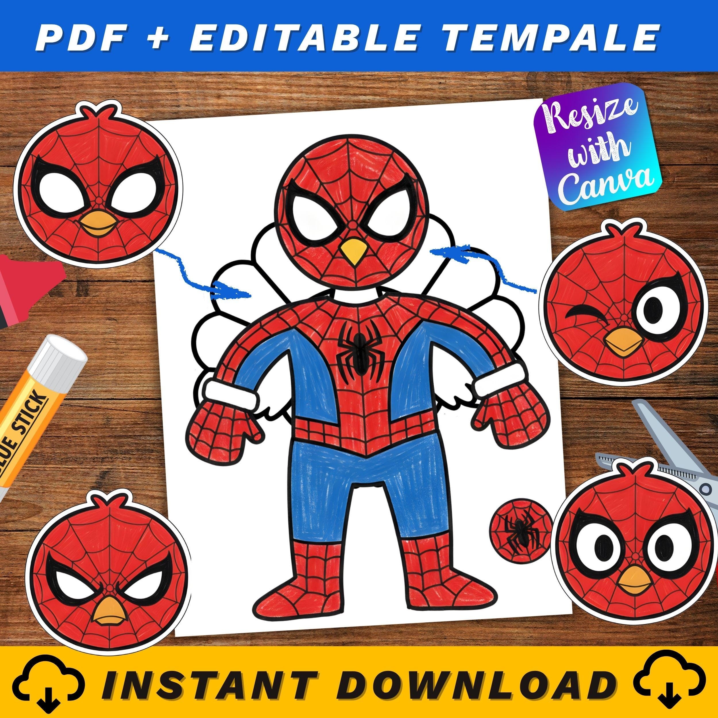 Spider man Turkey Disguise Craft Superhero Thanksgiving Activity Printable Cut Glue Project For Kids Editable PDF Template Etsy