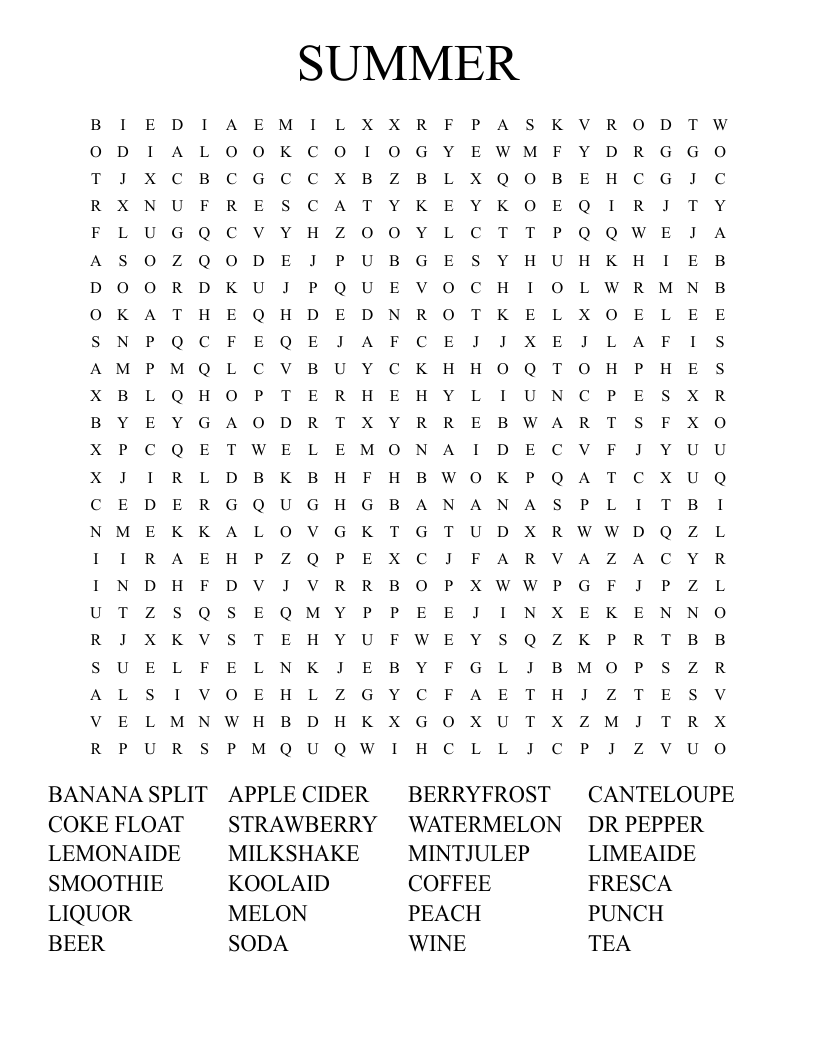 word search printable summer