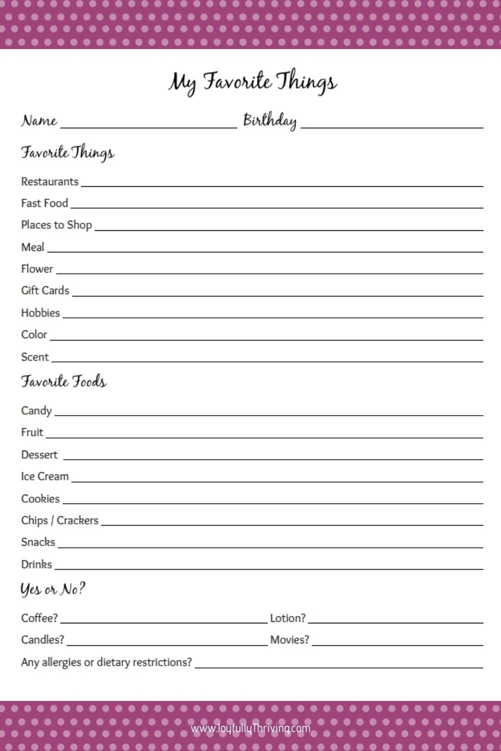 my favorite things list printable