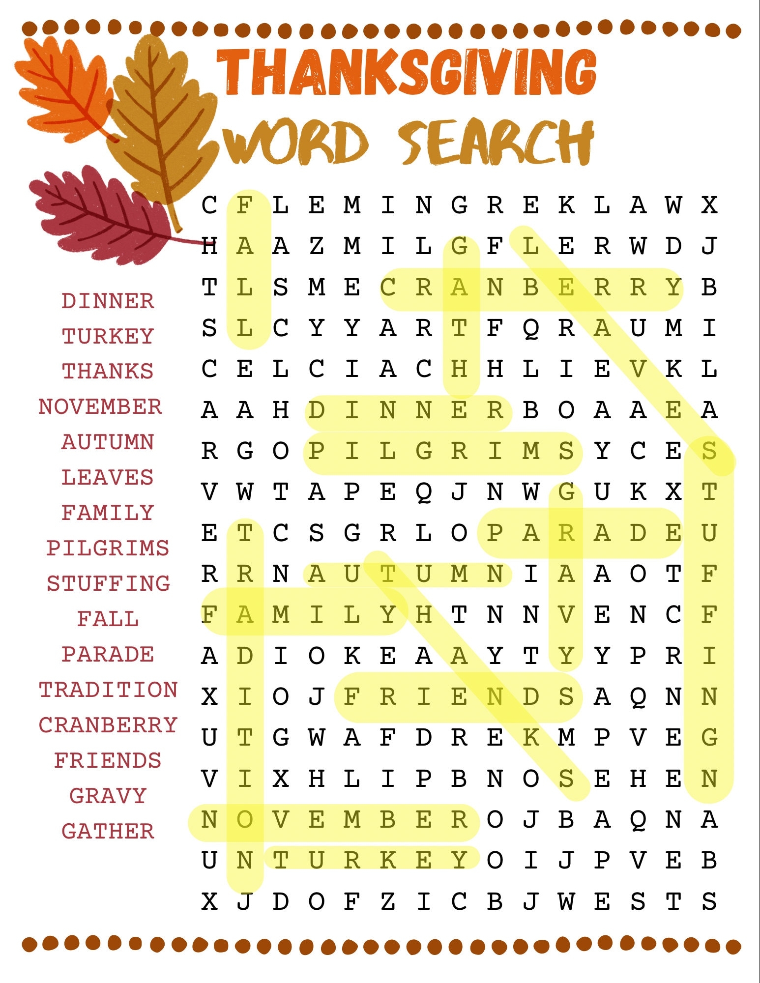 thanksgiving day word search