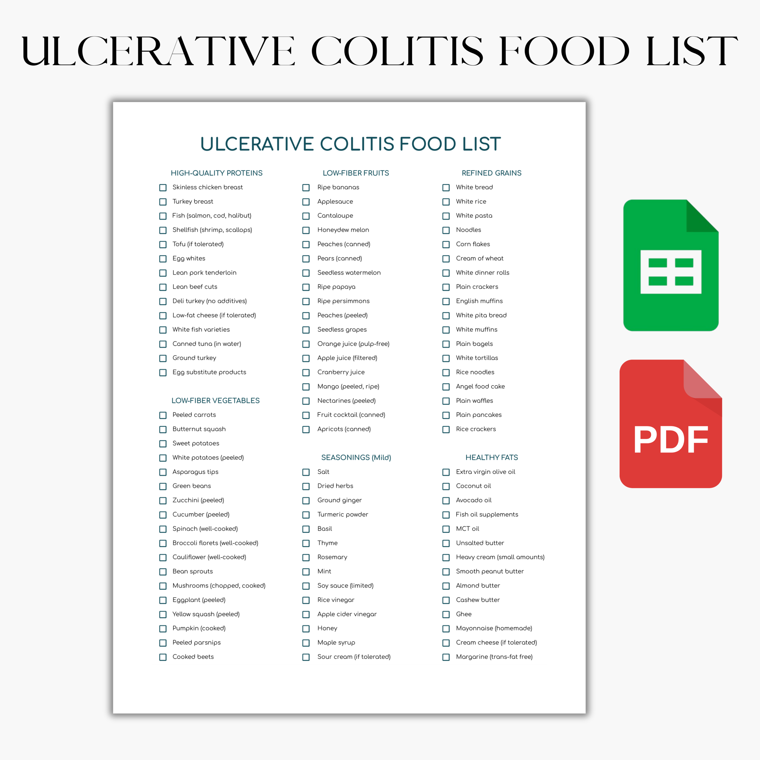ULCERATIVE COLITIS Food List And Grocery List google Sheet PDF 