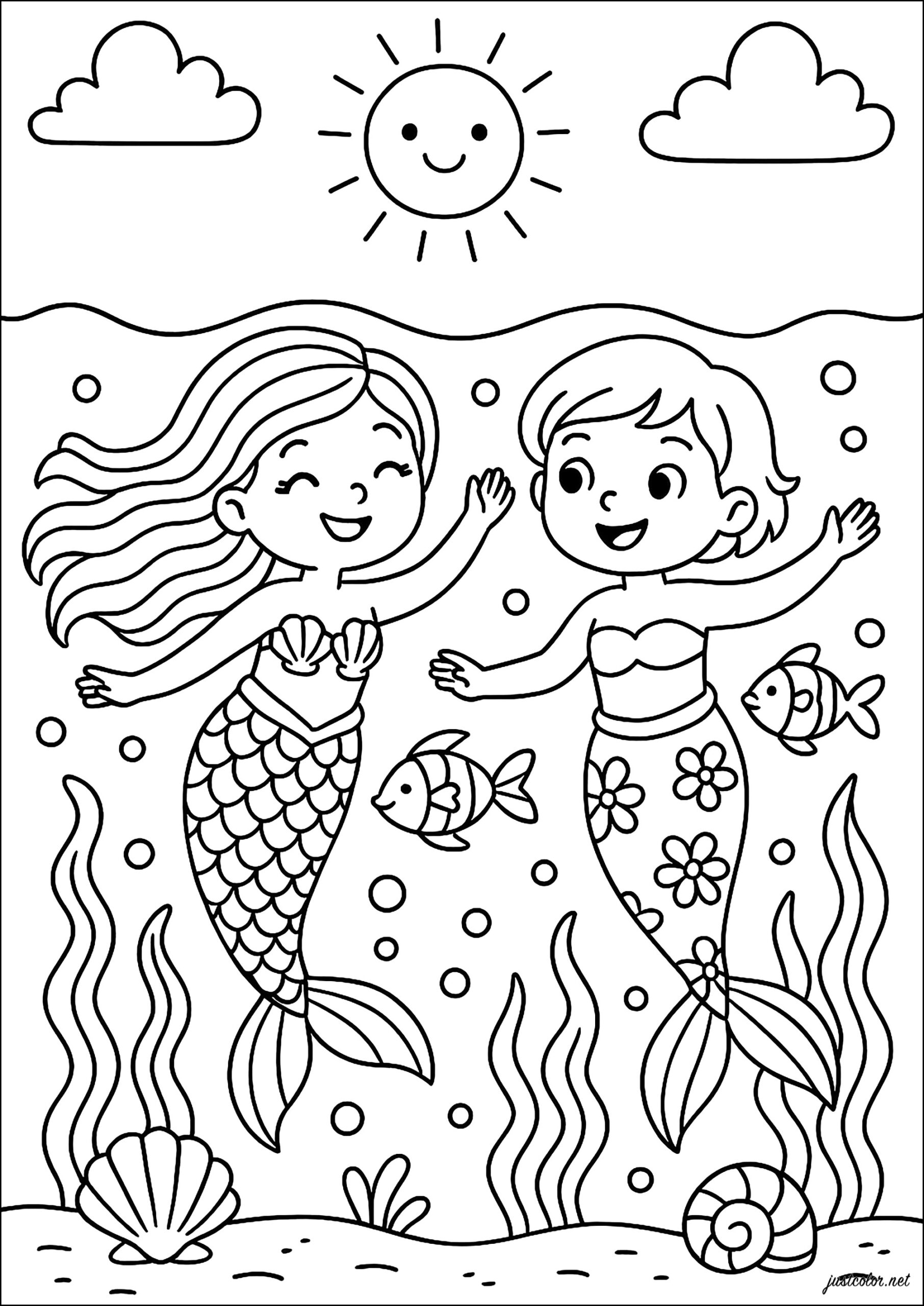 Underwater Adventure With Two Happy Mermaids Mermaid Coloring Pages