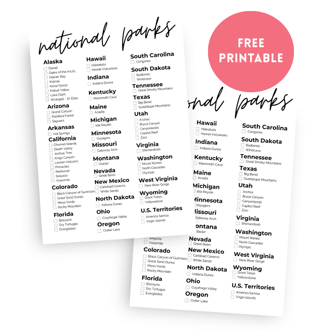 pdf printable list of national parks