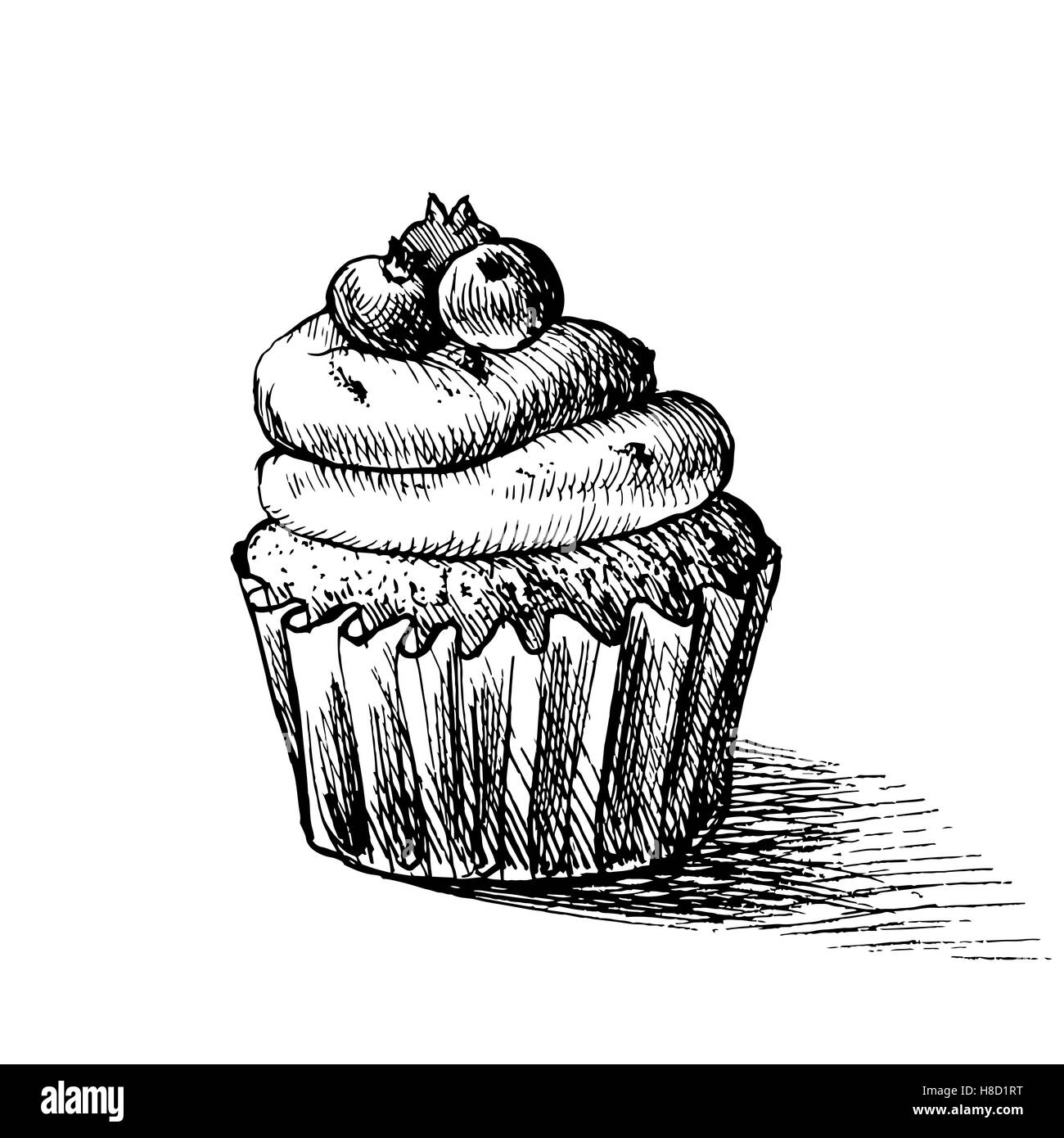 Vector Black And White Sketch Illustration Of Cute Creamy Sweet Cupcake Can Be Used For Greeting Cards Or Party Invitations Stock Vector Image Art Alamy