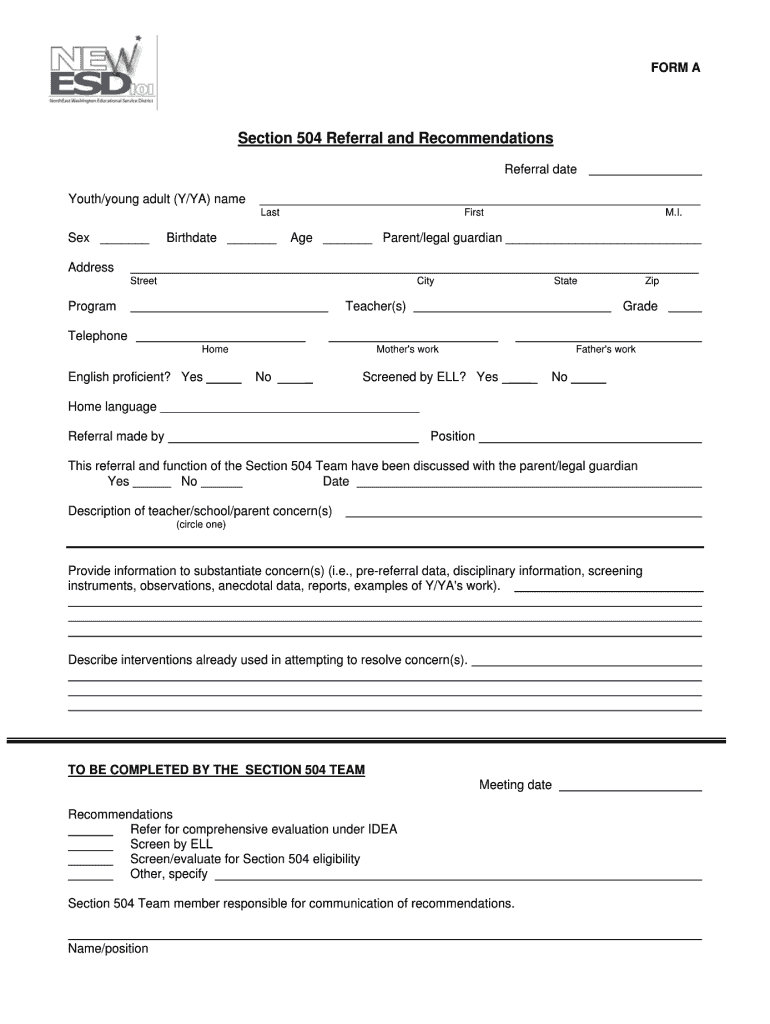 WA Section 504 Referral And Recommendation Form Fill Online Printable Fillable Blank PdfFiller