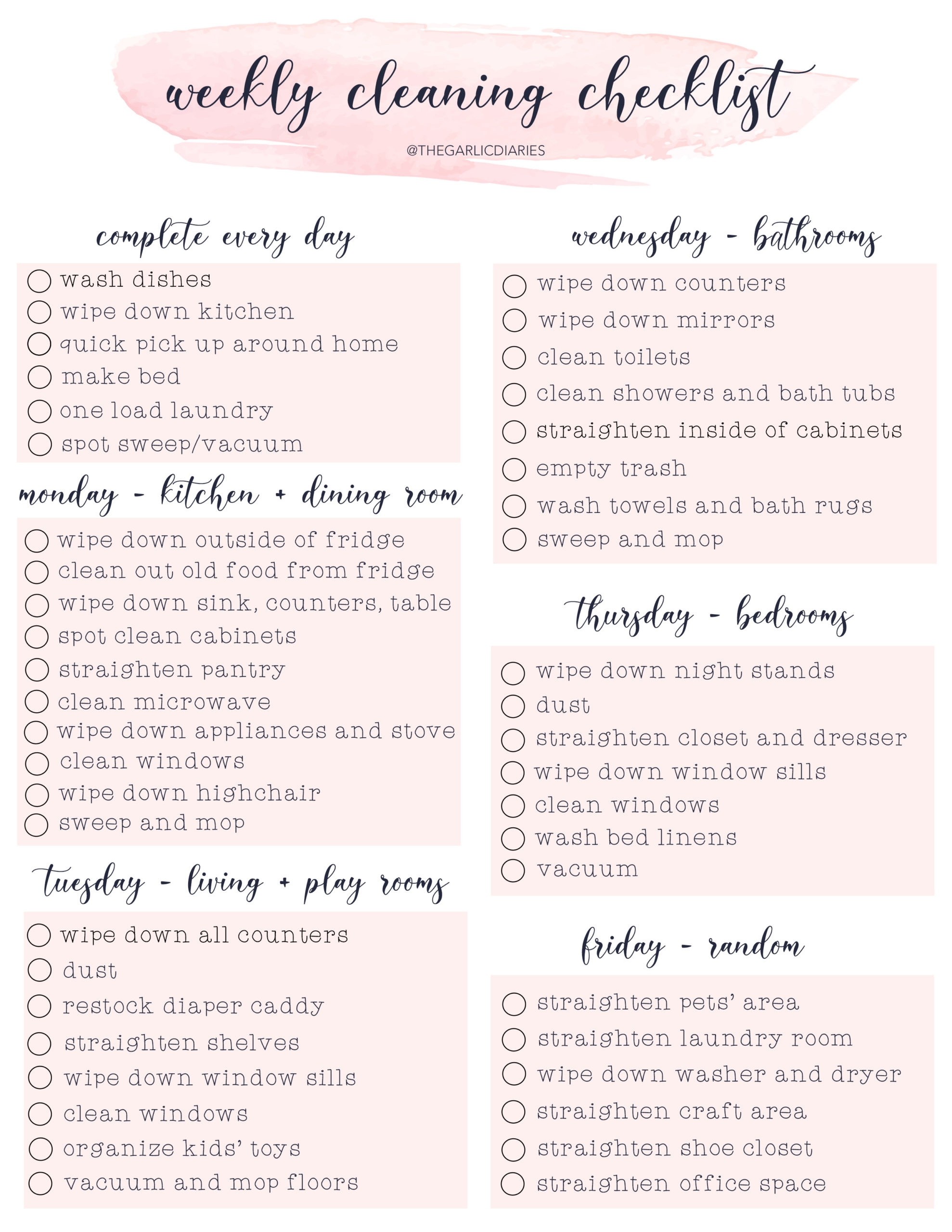 Weekly Cleaning Checklist with Free Downloadable 